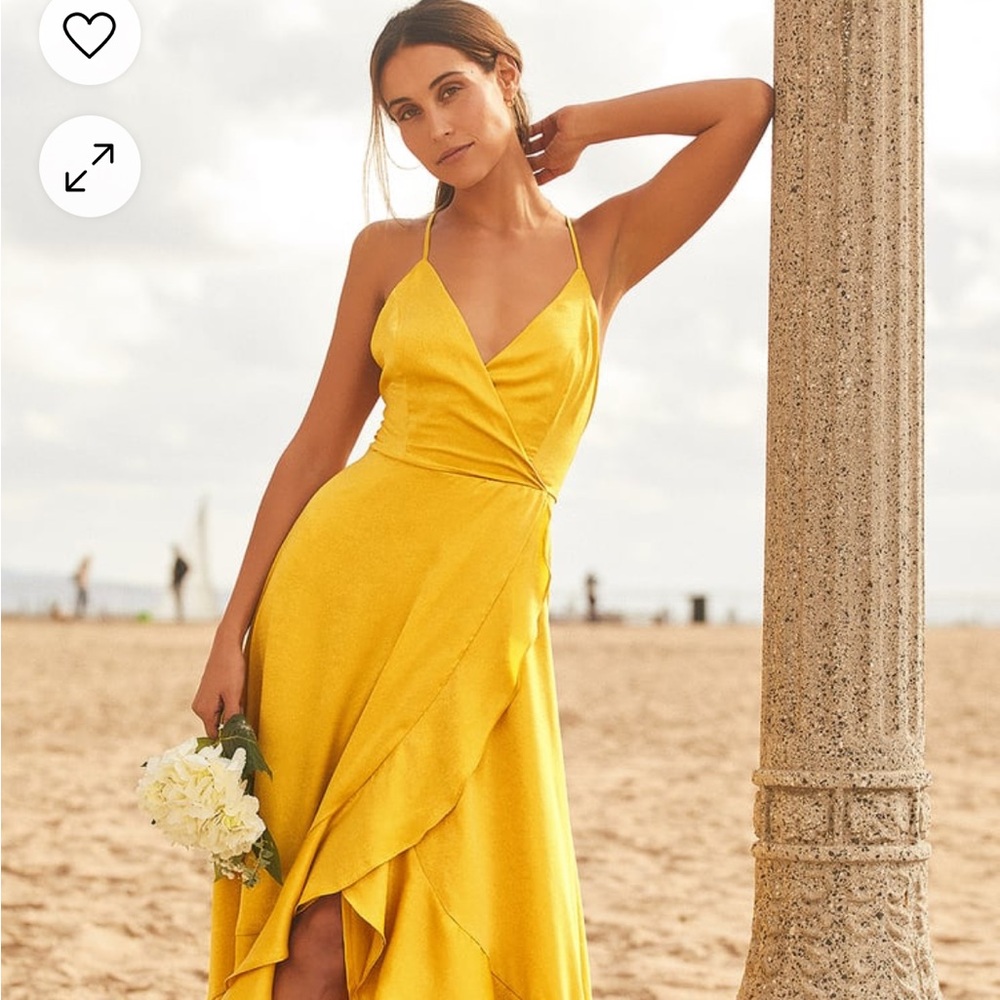 In Love Forever Mustard Yellow Satin Lace-Up High-Low Maxi Dress Lulus